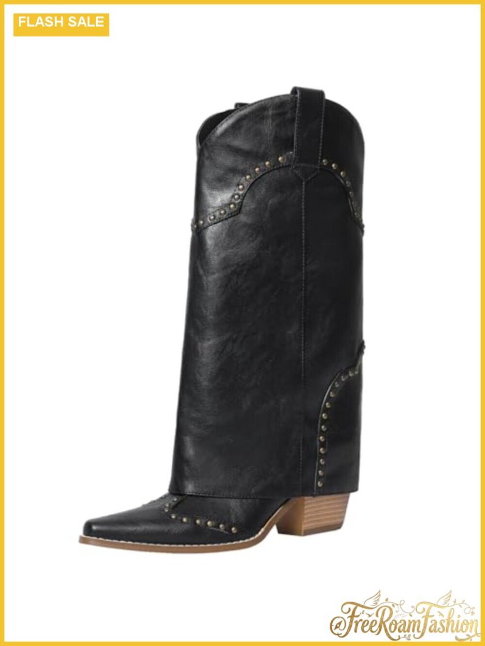 Faux Leather Knee High Cowboy Boots Fold Over Block Heel Pull-On